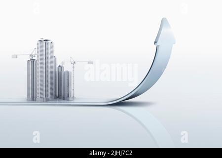 La tecnologia della costruzione di città e l'industria futura e la costruzione di appartamenti e il grafico di freccia di impennata, 3D grafici Foto Stock