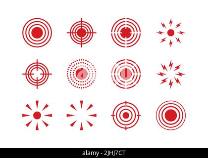 Icone dei punti critici impostate. Dolore rosso cerchi segno. Simboli dei punti target per la progettazione medica. Concetto killer per mal di testa, dolori addominali. Tratto modificabile Illustrazione Vettoriale