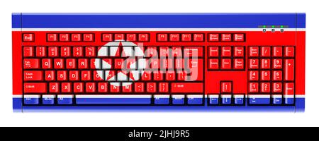 Bandiera della Corea del Nord dipinta sulla tastiera del computer. 3D rendering isolato su sfondo bianco Foto Stock