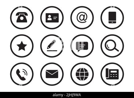 Telefono, icona del contatto e-mail. Mail, indirizzo telefonico, simbolo del messaggio per il pulsante del sito Web. Set di icone in stile pittogramma nero. Illustrazione vettoriale. Illustrazione Vettoriale
