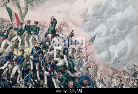 Battaglia di Cerro Gordo, nota anche come Battaglia di Sierra Gordo, 18 aprile 1847. Combattuta durante la guerra messicano-americana, 1846 - 1848. Dopo un lavoro pubblicato da Nathaniel Currier, 1847. Foto Stock