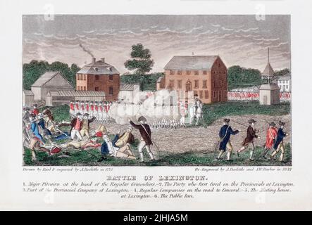 La battaglia di Lexington, 19 aprile 1775. Una battaglia a Lexington e più tardi lo stesso giorno a Concord, Massachusetts, innescò l'inizio della Guerra rivoluzionaria americana. Dopo un lavoro disegnato da Earl e inciso da A. Doolittle nel 1775 e poi ri-inciso da A. Doolittle e J.W. Barbiere nel 1832. Foto Stock