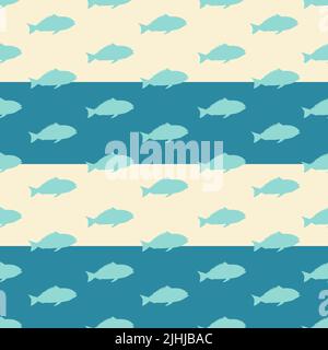 Pesca il motivo senza giunture su sfondo blu. Modello di ripetizione con pesci. Stampa marina. Tessuto, carta da imballaggio, etichetta, confezione. Illustrazione vettoriale Illustrazione Vettoriale
