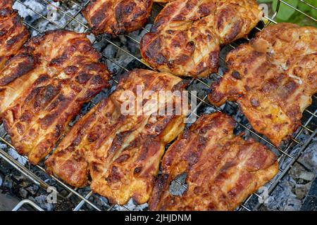 Spietati e appetitosi pezzi di pollo su una griglia con le costolette. Picnic all'aperto Foto Stock