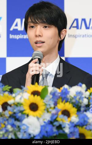 Tokyo, Giappone. 19th luglio 2022. Lo skater giapponese Hanyu Yuzuru partecipa ad una conferenza stampa a Tokyo, Giappone, 19 luglio 2022. Credit: Hua Yi/Xinhua/Alamy Live News Foto Stock