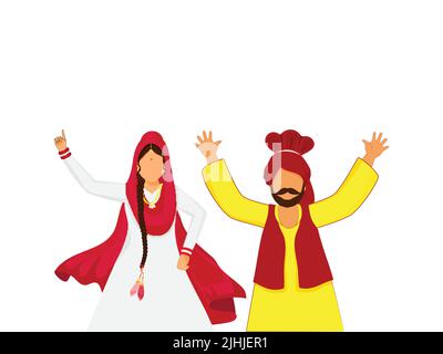 Coppia Cartoon Punjabi che fa Bhangra su sfondo bianco. Illustrazione Vettoriale