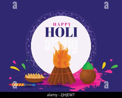 Happy Holi Celebration Concept con Bonfire, Mud Pot pieno di polvere (Gulal), Water Gun (Pichkari), Indian Sweet (Gujia) su sfondo bianco e viola Illustrazione Vettoriale