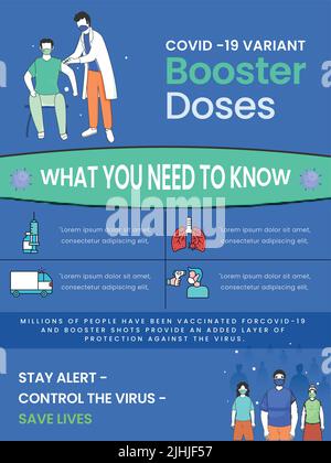 Covid-19 Variant Booster Doses Poster o Template Design in Blue Color. Illustrazione Vettoriale