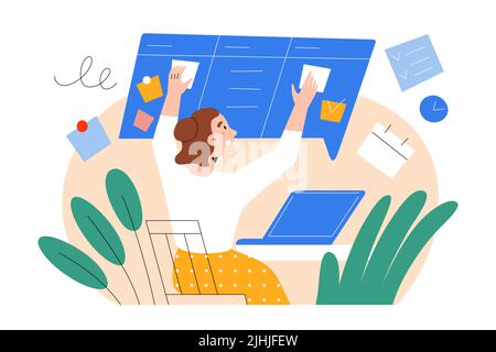 Giovane donna freelance che lavora al suo progetto, creando un kanban board con note, utilizzando l'app software per prendere appunti sul suo laptop, illustrazione vettoriale Illustrazione Vettoriale