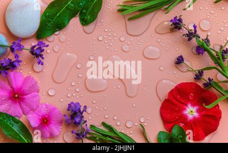 Sfondo con gocce d'acqua e fiori. Messa a fuoco selettiva. Foto Stock