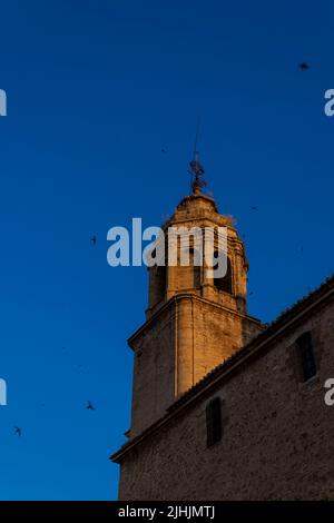 Campo de lavanda e iglesia en un pueblo de Castellón, España Foto Stock