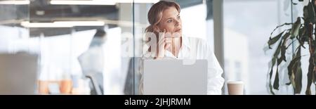 Concentrato bella donna d'affari matura che lavora su laptop in luminoso ufficio moderno Foto Stock
