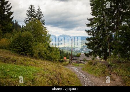 Vecchia strada rurale vicino Yasinya villaggio. Montagne carpazi, Ucraina. Foto Stock