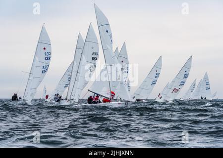 Kiel, Germania, settembre 2021 Campionato del mondo Star Boat al Kiel Week 2021 campo regata sul fiordo esterno Foto Stock