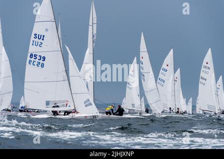 Kiel, Germania, settembre 2021 Campionato del mondo Star Boat al Kiel Week 2021 campo regata sul fiordo esterno Foto Stock