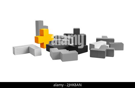 Eccezionale elemento puzzle giallo tra quelli bianchi e neri isolato sullo sfondo. Creatività, immaginazione, unicità, fuori dal concetto di folla. Foto di alta qualità Foto Stock