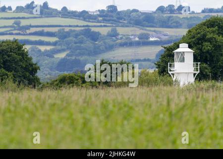 Faro di usk orientale un paesaggio nella riserva naturale delle paludi di newport galles del sud del regno unito, una vista panoramica tra l'estuario del severn e il fiume usk. Foto Stock