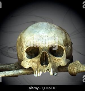 La parte superiore del cranio dell'uomo che giace sull'osso della coscia su sfondo astratto con nuvole di fumo nere Foto Stock