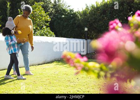 Immagine di felice nonna e nipote afroamericana in giardino Foto Stock