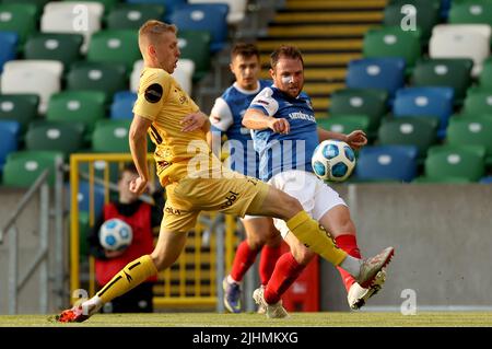 Jamie Mulcrew di Linfield e Elias Kristoffersen Hagen di Bodo/Glimt in azione durante la UEFA Champions League, secondo turno di qualificazione, prima partita al Windsor Park di Belfast. Data foto: Martedì 19 luglio 2022. Foto Stock