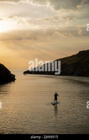 Uomo a bordo di paddle a Port Quin, Cornovaglia Foto Stock