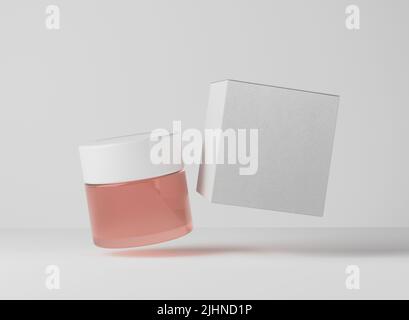 Vaso in plastica rosa crema cosmetica con coperchio bianco e scatola di cartone, confezionamento del prodotto Care e mokup 3D rendering branding Foto Stock