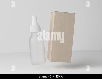 Bottiglia in vetro smerigliato con olio facciale, pronta per il design dropplet con mockup in scatola di carta marrone, resa 3D Foto Stock