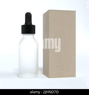 Bottiglia in vetro smerigliato con olio facciale con mantello nero, dropplet pronto per il design con scatola mockup, resa 3D Foto Stock