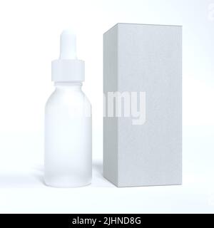 Flacone in vetro smerigliato con olio facciale, pronto per il design dropplet con scatola in cartone bianco, 3D rendering Foto Stock