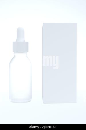 Flacone in vetro smerigliato con olio facciale, pronto per il design dropplet con scatola in cartone bianco, 3D rendering Foto Stock