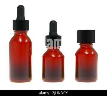 Set di tre diversi flaconi in vetro color ambra marrone con siero di olio facciale, design ready dropplet mockup, resa 3D Foto Stock