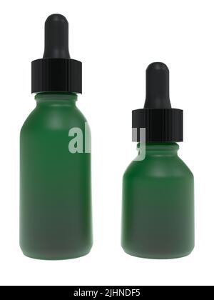 Vetro smerigliato verde siero olio viso due bottiglie diverse, design ready dropplet mockup, resa 3D Foto Stock