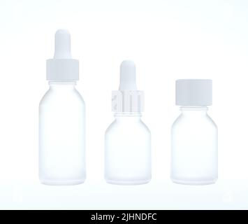 Set di tre diversi flaconi in vetro satinato bianco con olio viso, modello dropplet pronto per il design, resa 3D Foto Stock