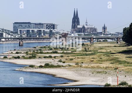 Colonia, Germania 19 luglio 2022: Basso livello dell'acqua sul reno a colonia Foto Stock