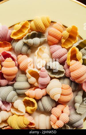 Conchiglie di Conchiglie di Conchiglioni di mare secco Pasta colorata, spinaci, barbabietole, curcuma e paprika per colorare la pasta verde, rosa, giallo, arancio Foto Stock