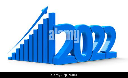 Il business graph blu con freccia in alto e il simbolo 2022, rappresenta la crescita nel nuovo anno 2022, rendering tridimensionale, illustrazione 3D Foto Stock