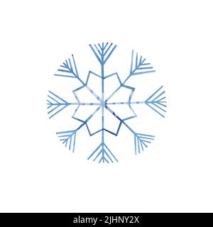 Fiocco di neve azzurro isolato su sfondo bianco. Illustrazione invernale disegnata a mano con acquerello. Arte per le carte, invito Foto Stock