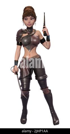 Fantasy cartoon girl indossa corsair, vestito da guerriero, 3D Illustrazione. Foto Stock