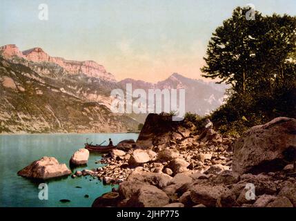 Lago Walenstadt, Walensee e Sichelchamm, San Gallo, Svizzera 1890. Foto Stock