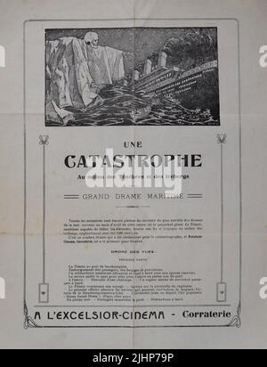 Programma dell'ottobre 1912 per il film muto in 3 parti UNE CATASTROFICE - Au Milieu des Tenebres et des icebergs ( UN DISASTRO - in mezzo alle tenebre e agli iceberg) un docu-dramma del naufragio DEL TITANIC nell'aprile 1912 che si esibisce all'Excelsior Cinema, Rue de la Corraterie, Ginevra / Ginevra Svizzera Foto Stock