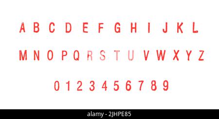 Lettere e numeri di timbro rossi impostati su bianco. Stampa di foto con timbro in gomma reale Foto Stock