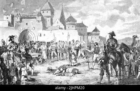 Guerra dei contadini tedeschi, 1524-1526, il tribunale del sangue di Schorndorf, riproduzione storica e digitale migliorata di un originale del 19th secolo Foto Stock