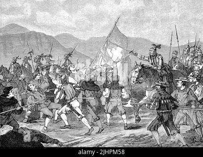 Guerra dei contadini tedeschi, 1524-1526, raid nei pressi di Balingen, storico, digitale migliorata la riproduzione di un originale del 19th secolo Foto Stock