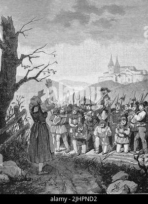 Deutscher Bauernkrieg, 1524-1526, Die schwarze Hofmännin segnet die Bauern. Margarete Renner (geboren um 1475, gestorben 1535), genannt die Schwarze Hofmännin, ist die einzige namentlich bekannte Frau, die an den Bauernkriegen des 16. Jahrhunderts aktiv teilnahm / German Peasants' War, 1524-1526, The Black Court Woman benedice i contadini. Margarete Renner (nato intorno al 1475, morto 1535), chiamato la donna di corte nera, è l'unica donna conosciuta per nome per aver preso parte attiva nelle guerre dei contadini del 16th secolo, Historisch, restaurierte digitale Reproduktion einer Originalvorlage aus de Foto Stock