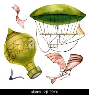 Antico dirigibile, aria calda berlina vintage stile acquerello illustrazione isolato. Velivoli con uccello che volano nel cielo dipinto a mano. Retro Planes des Foto Stock