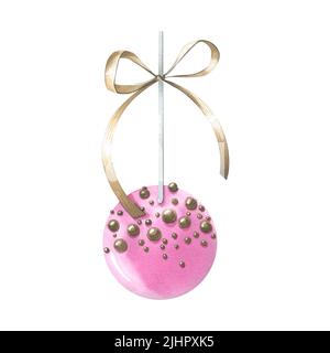 La torta si schiaccia di rosa con una glassa di pasta su un bastone con un arco. Illustrazione dell'acquerello. Un oggetto isolato da una grande serie DI DOLCI. Per Foto Stock