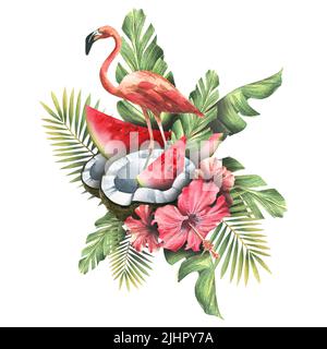 Fenicottero rosa con pezzi di cocco e cocomero con fiori di ibisco e foglie di palma. Illustrazione di acquerello di una composizione tropicale da un Foto Stock