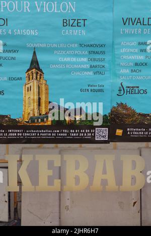 Francia, regione Ile de France, Parigi 14th circondario, durante il lockdown 2nd, kebab e poster della chiesa, Foto Stock