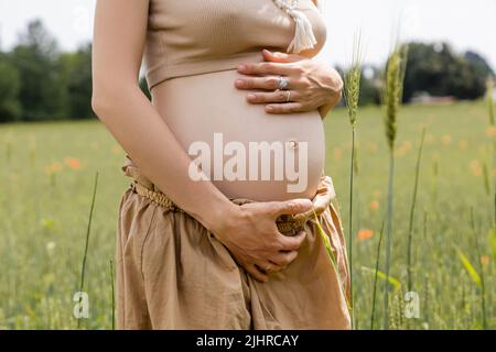 Vista ritagliata della donna incinta che tocca il ventre vicino a guglie sfocate nel campo Foto Stock