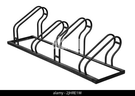 Parcheggio per biciclette in acciaio isolato su sfondo bianco, con percorso di ritaglio. Foto Stock